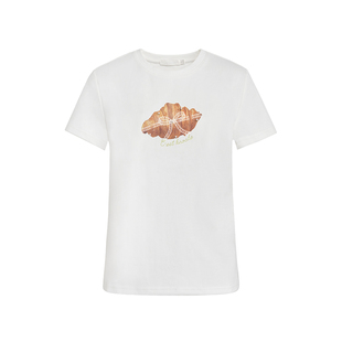 Kroche  Croissant 手绘图案 蕾丝蝴蝶结牛角包印花短袖T恤