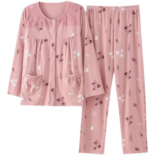 中老年中年妈妈睡衣女春秋款纯棉长袖圆领开衫秋季婆婆家居服套装