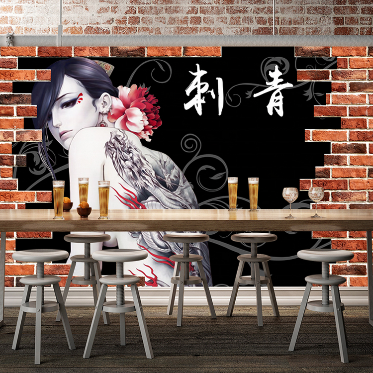 个性纹身店工作室贴画刺青装饰图案背景墙壁画壁纸纹绣自粘墙纸布