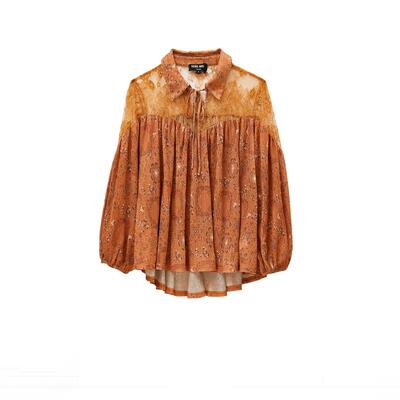 tq区绫致VeroModa衬衫女秋冬度假风翻领镂空蕾丝七分袖上衣