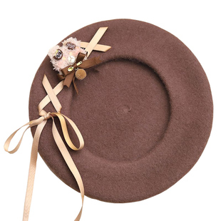 贝雷帽2024年新款百搭可爱复古小熊画家帽女日系冬天帽子女网红款