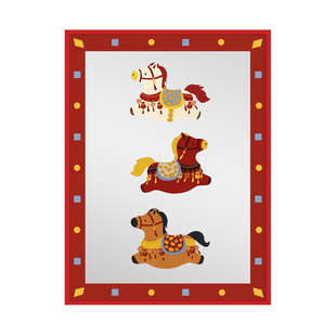 新年卡通马装饰画红色边框儿童房客厅挂画中国风动物图案装饰镜画
