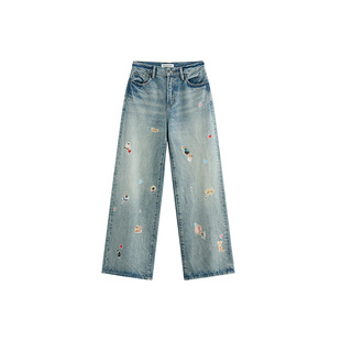 周深同款Alexia Sandra2025秋季新款宠物印花蓝色直筒休闲牛仔裤