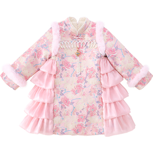 米米哈罗女童旗袍裙冬装2025新款儿童夹棉拜年服小女孩唐装公主裙