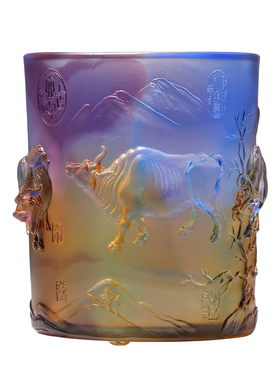 古东东五牛图琉璃笔筒摆件