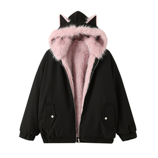 300斤特大码黑色加厚双面穿棉服外套女胖mm防寒保暖毛绒夹克上衣