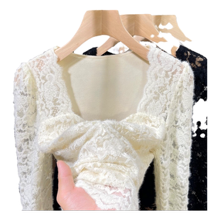 秋冬款V领加绒蕾丝打底衫女高级感磨毛保暖上衣加厚内搭洋气小衫