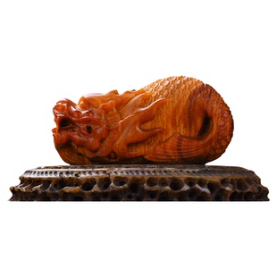 天然高油老料崖柏实木雕刻鱼化龙吉祥瑞兽文玩手把件随身盘玩摆件