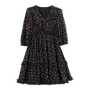 芭依璐2026春装新款七分袖连衣裙透气收腰法式雪纺黑色韩版长裙女