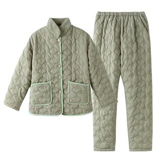 睡衣女冬季珊瑚绒三层加厚加绒羽绒布夹棉秋冬款法兰绒超厚家居服