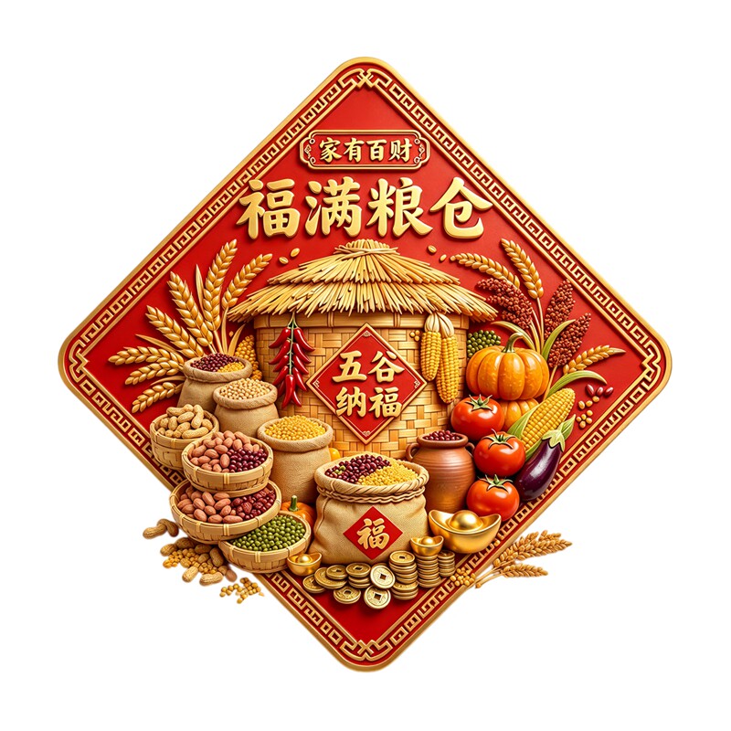 红底福满粮仓墙贴五谷纳福稻谷蔬果金元宝丰收主题新春装饰贴纸画