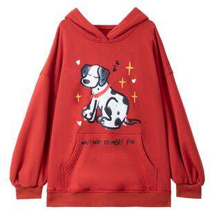 KEIKO 可爱小狗印花红色加绒连帽卫衣26春季美式复古宽松加厚外套