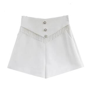 夏季西装裤女春夏重工钉珠流苏高腰阔腿裤短裤A字阔脚裤休闲热裤