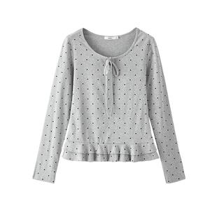 三福长袖T恤女2026新款春季蝴蝶结绑带领花边波点上衣女装519869