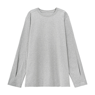 SEAWHEN海维恩双纱纯棉T恤女长袖圆领百搭早春款纯色宽松休闲上衣