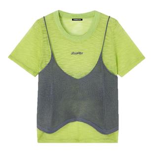 i.t GROUND ZERO撞色薄款短袖针织衫女夏季休闲宽松吊带T恤上衣