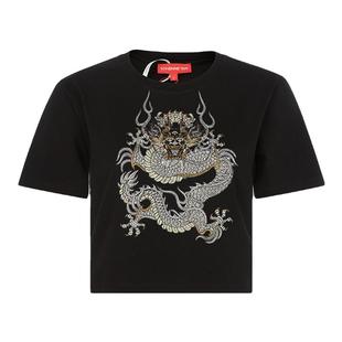 VivienneTam谭燕玉春季黑色国风龙纹刺绣短款短袖T恤银泰百货