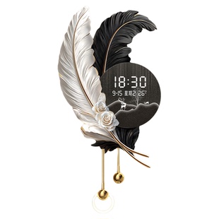 羽毛格栅装饰挂件客厅挂钟万年历电子表挂墙高级轻奢创意时钟壁灯