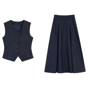 MULVAN v领短款西装马甲小背心套装女马夹上衣+高腰半身裙两件套