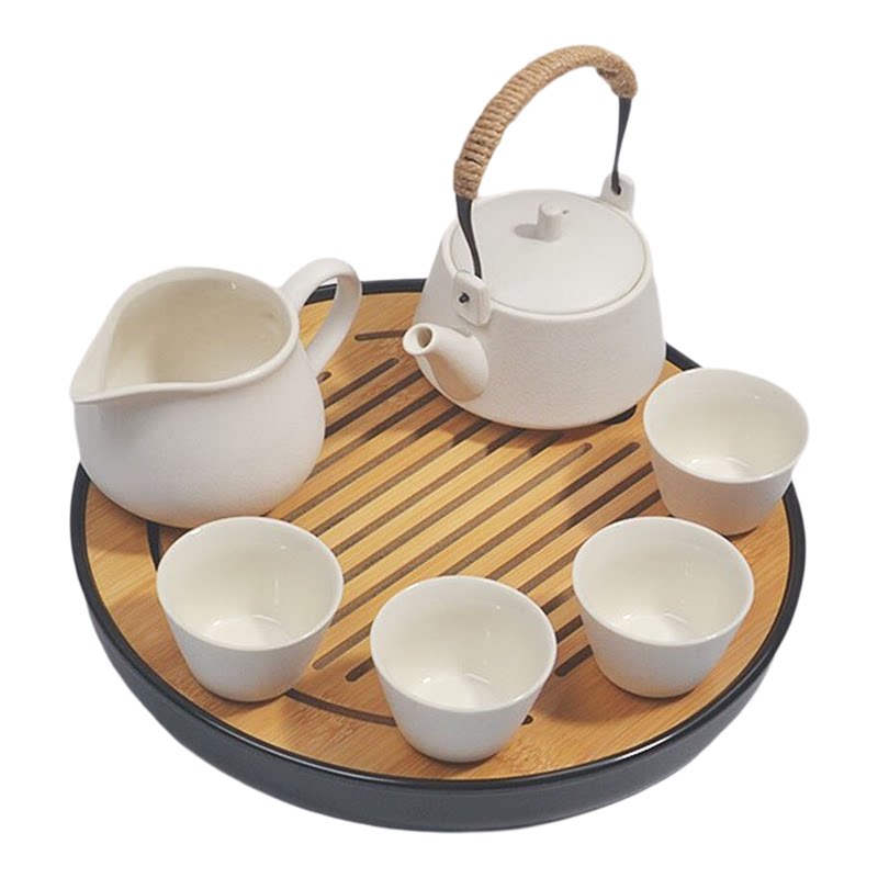 整套茶具套装提梁壶家用简约办公茶壶茶杯一壶两四杯圆形蓄水茶台