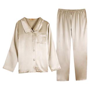 美标真丝长袖睡衣女士家居服100%桑蚕丝套装宽松可外穿丝绸家居服