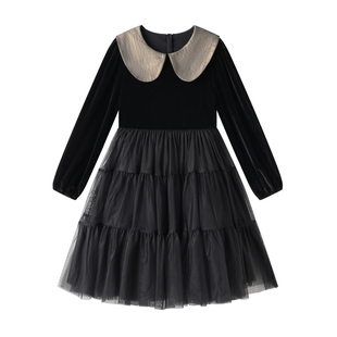 LYSUCS女童长袖连衣裙秋冬新年新款丝绒娃娃领礼服拜年裙公主裙