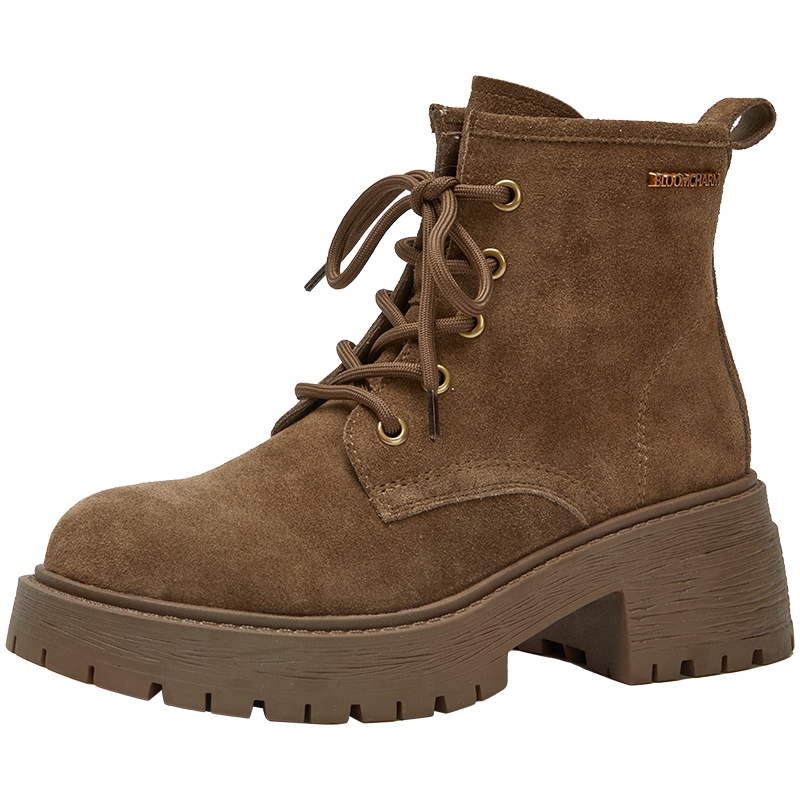 百田森厚底女秋季新款粗跟绒面马丁靴复古短靴女英伦风靴子