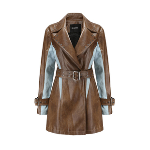 GIMING设计师款收腰时尚气质休闲高级皮衣中长款风衣外套女冬新款