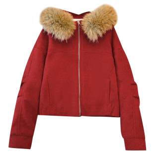 红色连帽毛领羽绒服内胆毛呢外套女短款2025冬装新款独特漂亮大衣