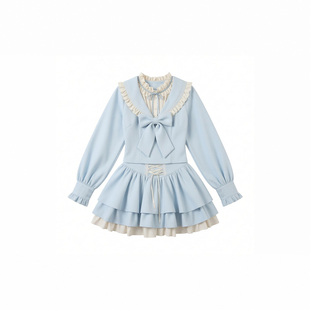 奶蓝色木耳花边蝴蝶结毛呢上衣+蛋糕半裙套装一整套可爱甜妹套装