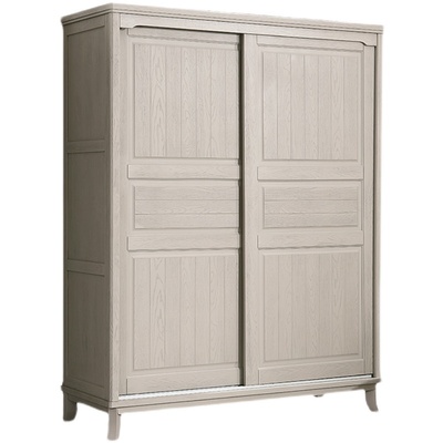 美式轻奢浅灰色全实木移门衣柜