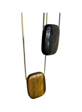 美拉德天然方形虎眼石黑曜石长项链秋冬素链轻奢高级感毛衣链吊链