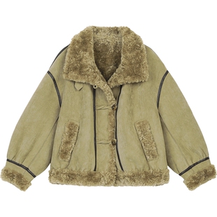 妖精的口袋仿麂皮毛绒绒短款毛呢外套女2025冬新款小个子皮毛一体