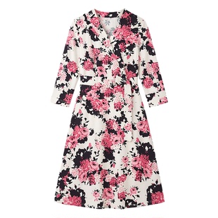 欧美大码职业系带收腰西装印花连衣裙女装a字长袖口袋春夏秋新款