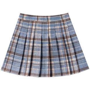 毛呢格子百褶裙蓝色半身裙女秋冬天配卫衣小个子高腰a字显瘦短裙