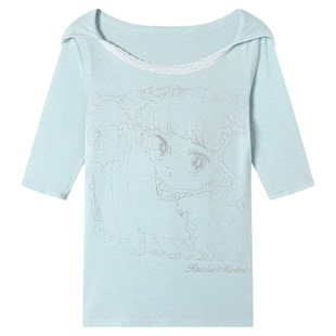 Rrichu「海境少女」叠穿连帽t恤天丝打底衫女蕾丝韩系两件套上衣