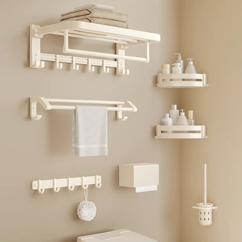 纯白色浴巾架毛巾架组合套装挂件打孔卫浴太空厕所五金铝置物架免