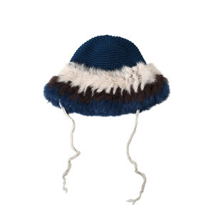 冬季仿兔毛针织2025新款拼接毛绒帽女氛围感加绒保暖护耳渔夫帽