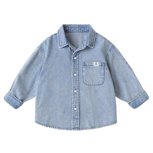 右欧儿童牛仔衬衫男童衬衣洋气百搭2025春秋新款纯色女童上衣外套
