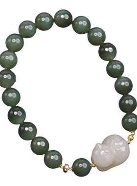 【静听竹篱】18K金俄碧荧光细料0.8藕粉猫和田玉手串手链女款￥￥