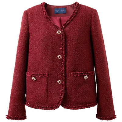 【绵羊毛】若潮大码女装2026春季新款酒红V领香风外套胖MM