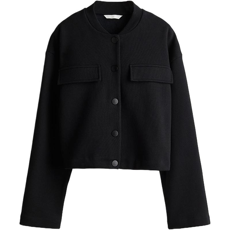 HM女装短外套秋季柔软休闲舒适罗纹领按扣短开衫1253725