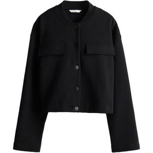 HM女装短外套冬季柔软休闲舒适罗纹领按扣短开衫1253725