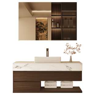 浪鲸宋式美学胡桃木岩板台上盆定制浴室柜卫生间洗漱台005A