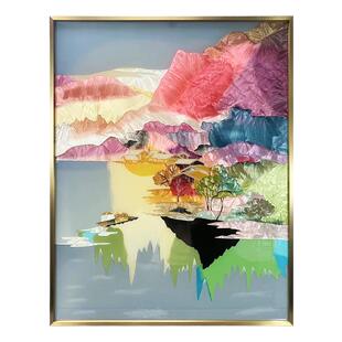 瑞杰 珐琅彩画《镜湖》轻奢入户玄关山水画 走廊过道画 聚水生财