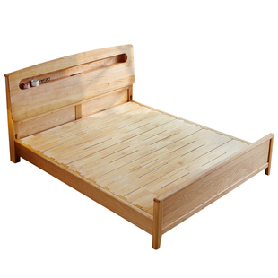 一林半舍北欧简约全实木床双人榫卯床原木色床头带夜灯置物储物床