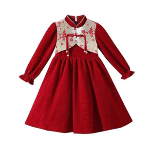 女童旗袍2025新款秋冬加绒连衣裙儿童新中式国风唐装女孩红色裙子