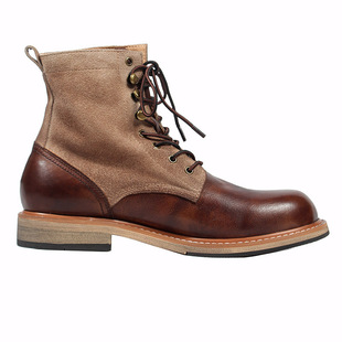 战斗到底  欧美复古休闲伞兵靴真皮拼接马丁靴男潮流圆头系带高帮