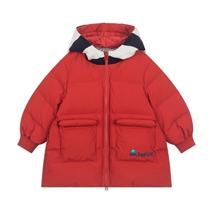 马拉丁童装新年羽绒服男女小童撞色设计感保暖中长款红色羽绒服