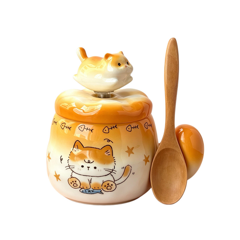 超可爱猫咪杯盖可旋转陶瓷马克杯带盖杯子软萌治愈系伴手礼送女生